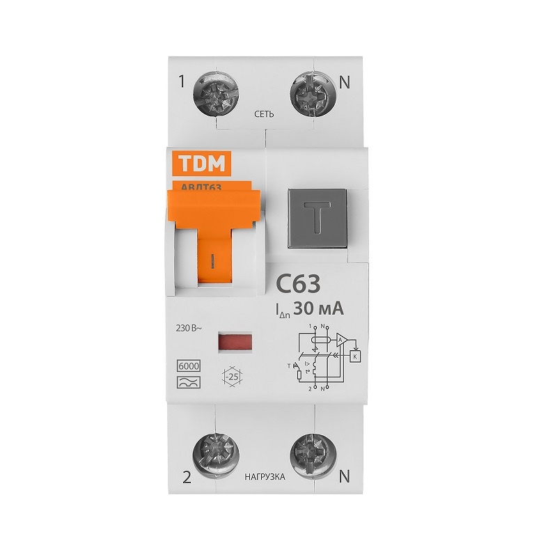 Автомат дифференциальный TDM АВДТ 63 6 кА, С 10 А, 30 мА, тип А, 1P+N