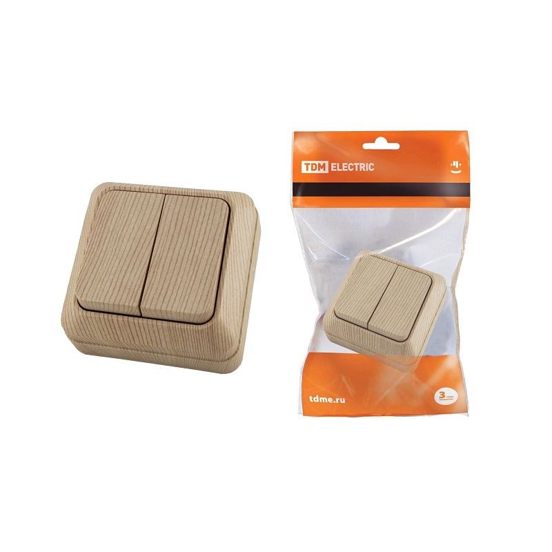 Выключатель о/у Ладога SQ1801-0044, 2 клавиши, б/инд, светлое дерево