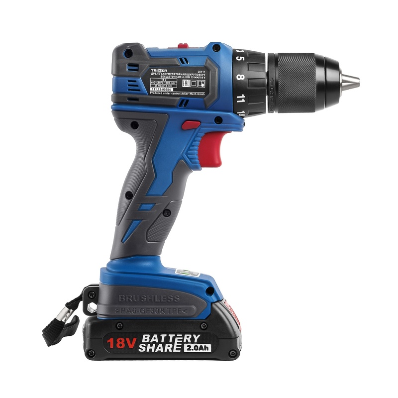 Дрель-шуруповерт Trigger 20111, бесщеточная, 2 аккумулятора Li-ion (2Ач), 18V, 13 мм, 72 Нм, кейс